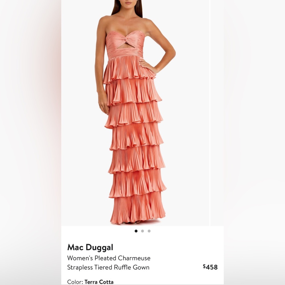 Mac Duggal Women’s Pleated Charmeuse Strapless Tiered Ruffle Gown